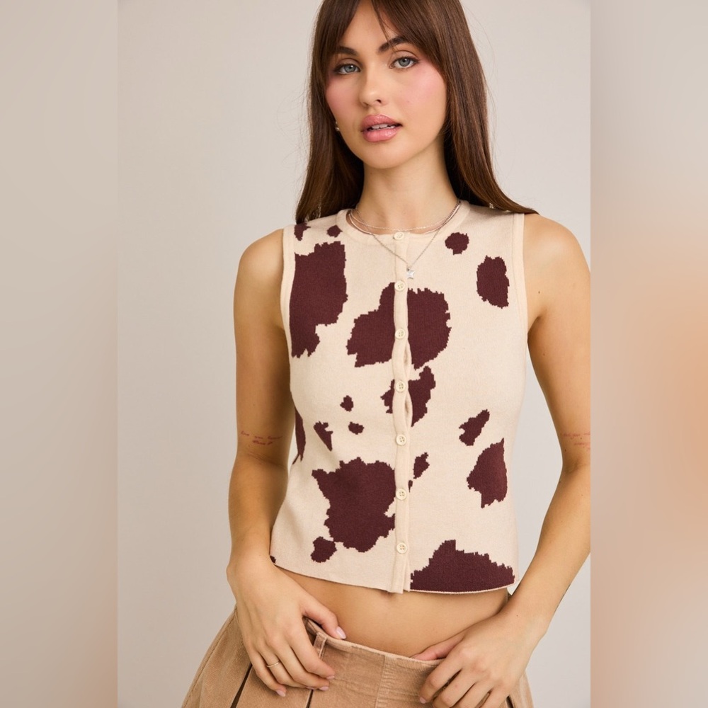 Cow Print Button Front Sleeveless Sweater Top - Le Lis